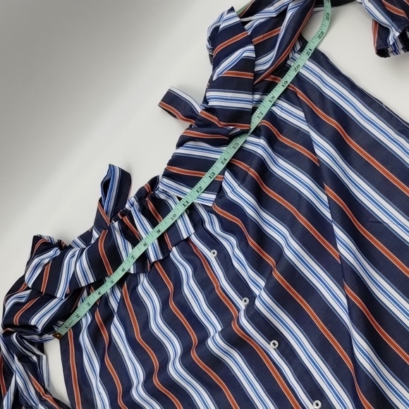 Janet Chung Blue Red White Striped Size Large Button down open shoulder - Picture 7 of 13